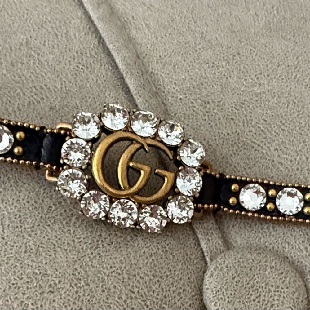 Gucci Calfskin Crystal Embellished Double G Choker Necklace Black - Picture 3 of 13
